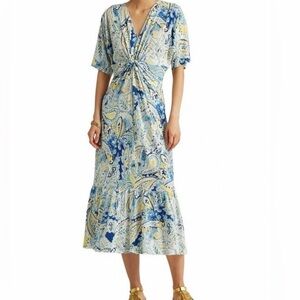 Lauren Ralph Lauren Paisley Linen Blend Midi Dress Blue XL NWOT